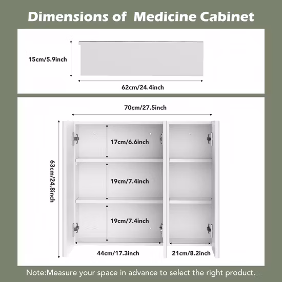 Bathroom Cabinet with 2 Shelves and 2 Door Cupboard, White, Storage Cabinet