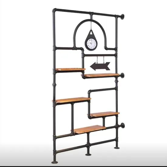 Hot Selling Living Room Black Metal Rack Vintage Industrial Pipe Shelf Wall Retro Wood Furniture 