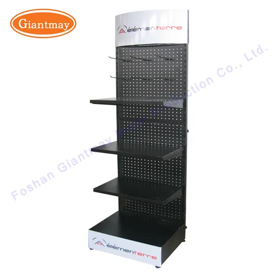 Retail Store Shop Floor Metal Shelving Perforated Pegboard Stand Display Rack Shelves with Hooks 